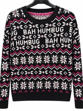 Aeropostale Women's Black, White & Pink 'Bah Humbug' Fair Isle Crewneck Sweater